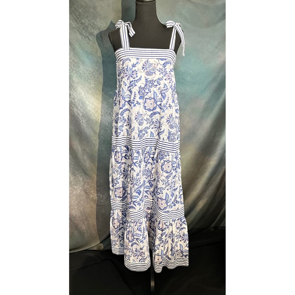 Madison Mathews Blue Floral Maxi Dress Tie Shoulder Tiered Cotton Size Large